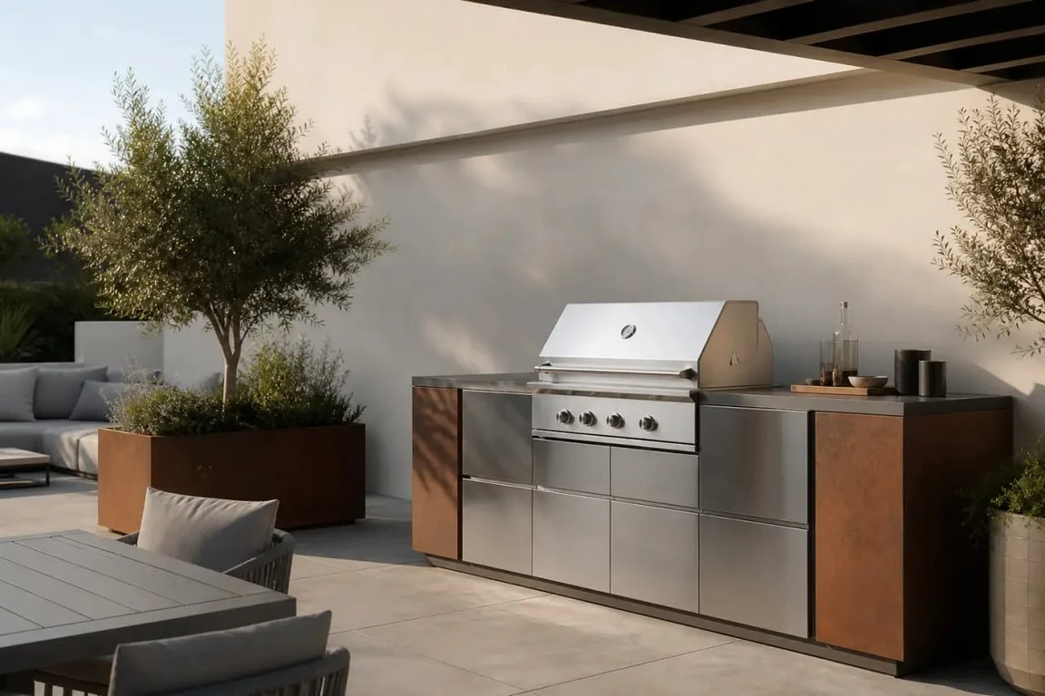 Barbecue design sur une terrasse contemporaine avec matériaux premium et ambiance extérieure haut de gamme