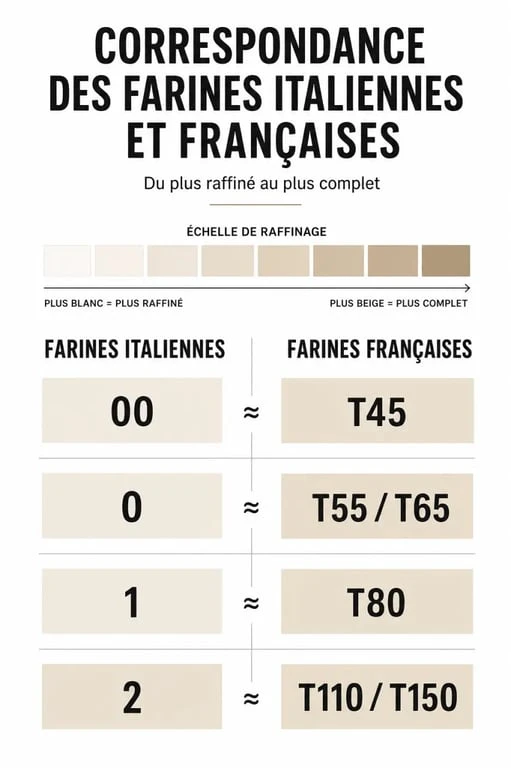 Tableau comparatif des farines italiennes et françaises : équivalences entre farina 00 et T45, T55, T65