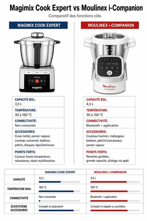 Comparatif technique entre le robot cuiseur Magimix Cook Expert et le Moulinex i-Companion pour aider à choisir le meilleur modèle.