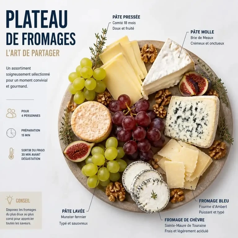 Plateau de fromage apéritif varié et équilibré avec fruits et noix