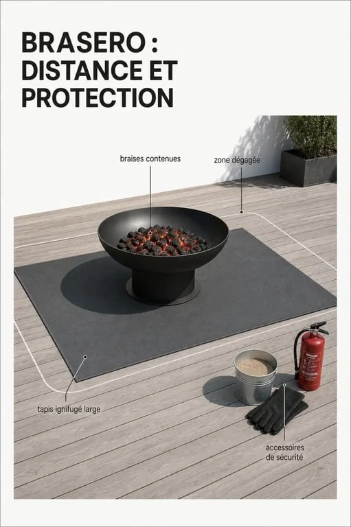 Brasero sur terrasse bois avec protection ignifugée et zone de sécurité dégagée