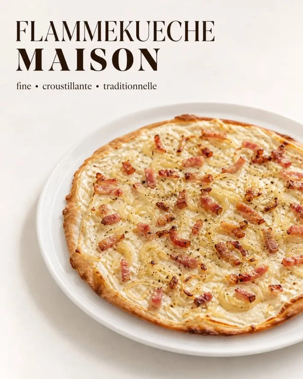 Pâte flammekueche maison en tarte flambée fine et croustillante, garniture traditionnelle aux oignons et lardons