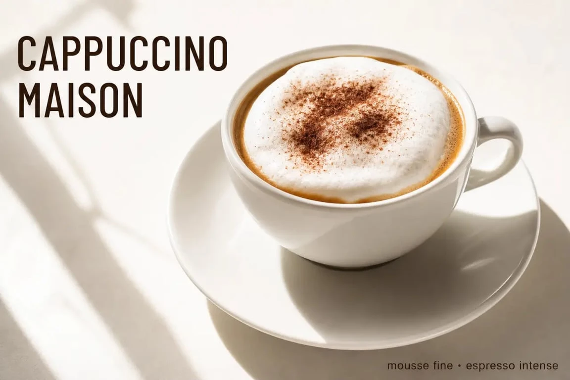 Recette cappuccino maison servie dans une tasse blanche avec mousse de lait et cacao