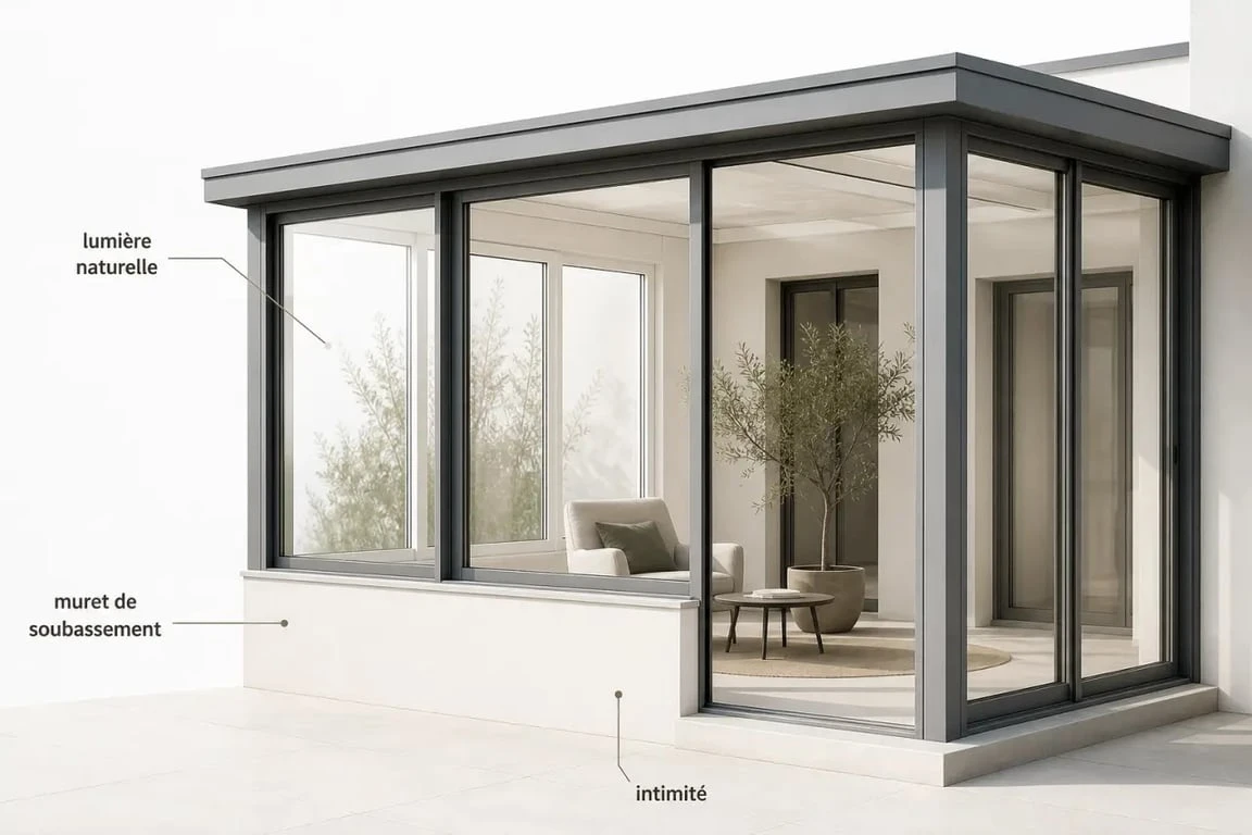 Muret pour veranda illustré dans une véranda lumineuse avec soubassement bas et vue dégagée