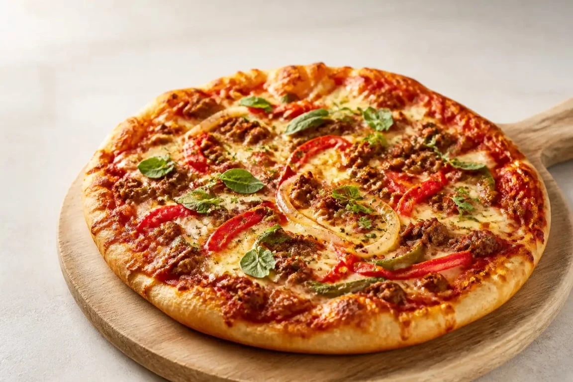 Recette pizza viande hachée sur une pizza familiale bien gratinée