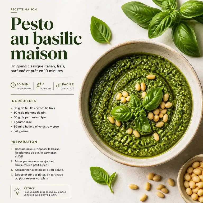 Recette pour pesto basilic maison dans un bol avec basilic frais