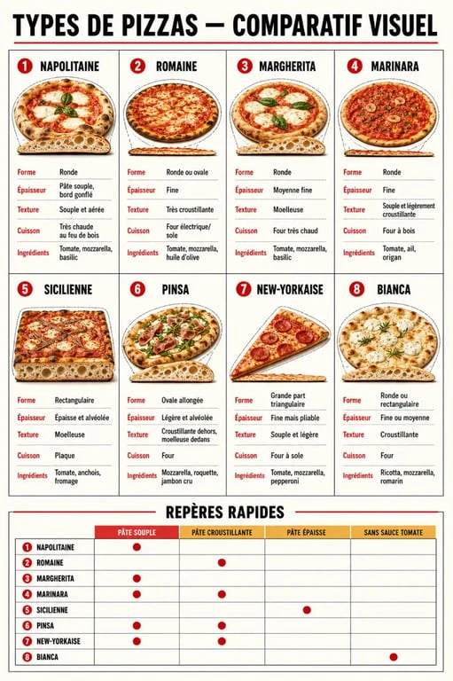 Types de pizzas comparés dans une infographie éditoriale