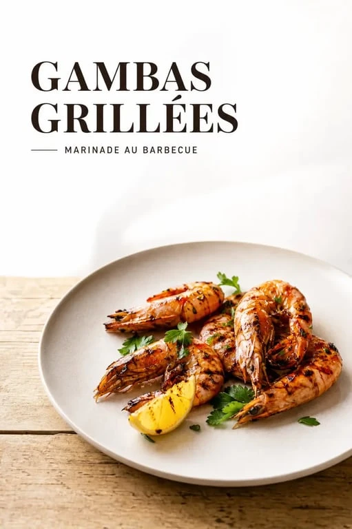 Gambas au barbecue marinade servies sur une assiette avec citron et persil