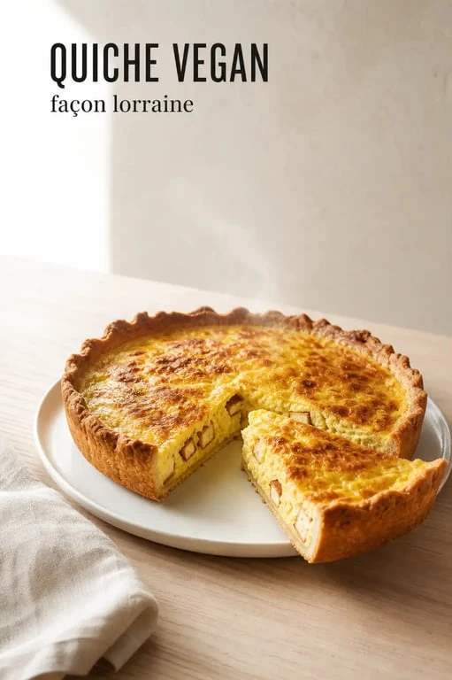 Recette quiche vegan façon lorraine, part découpée sur assiette avec garniture moelleuse et pâte dorée