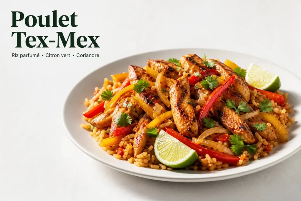 Tex Mex poulet servi avec riz, poivrons et citron vert dans une assiette dressée
