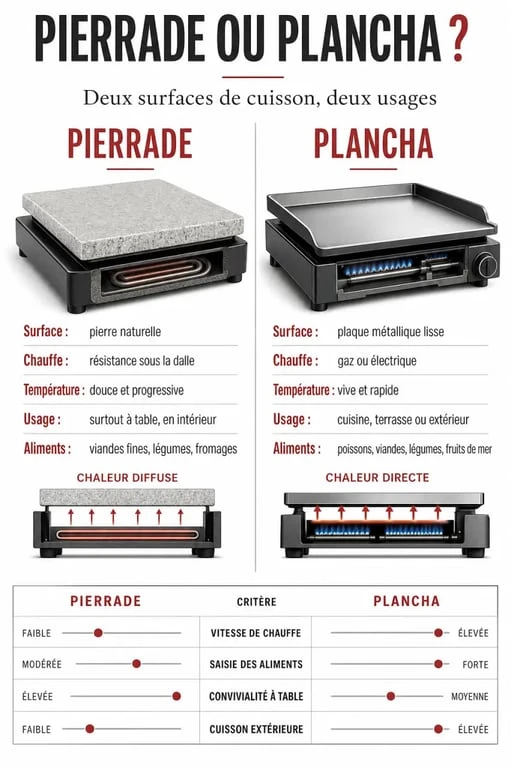 Comparatif pierrade ou plancha avec différences de cuisson, d’usage et d’aliments