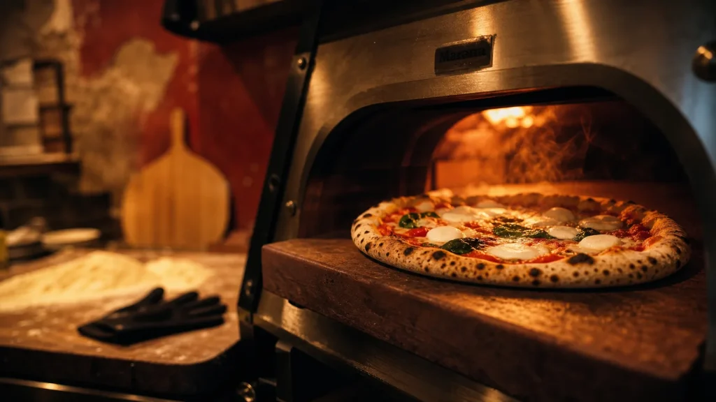 Four à pizza professionnel italien en fonctionnement, pizza napolitaine cuite, pierre réfractaire