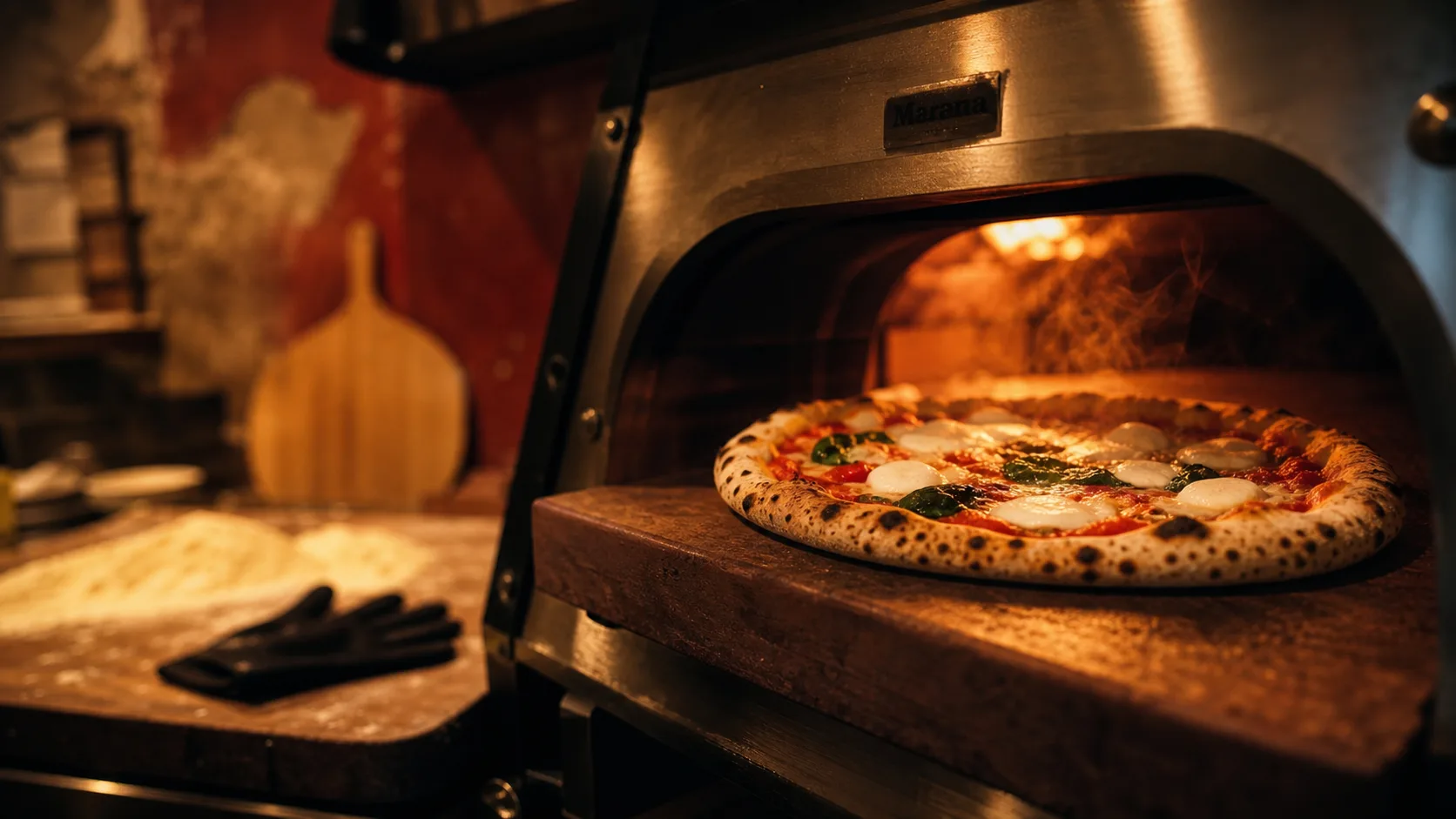 Four à pizza professionnel italien en fonctionnement, pizza napolitaine cuite, pierre réfractaire