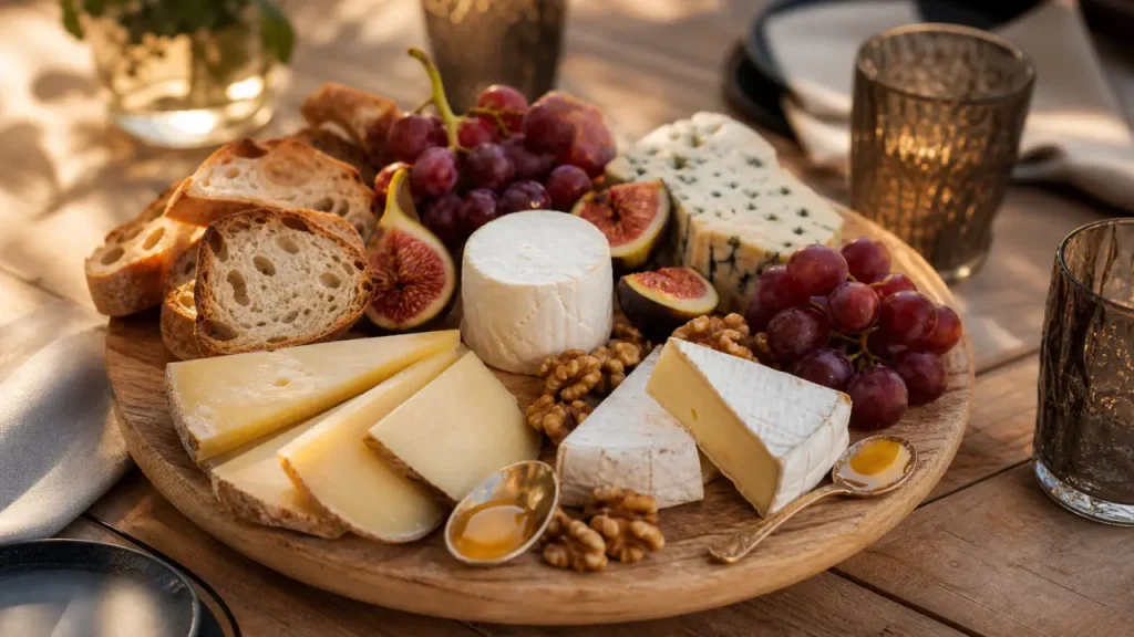 Fromage apéritif : planche de fromages, raisins, figues et noix