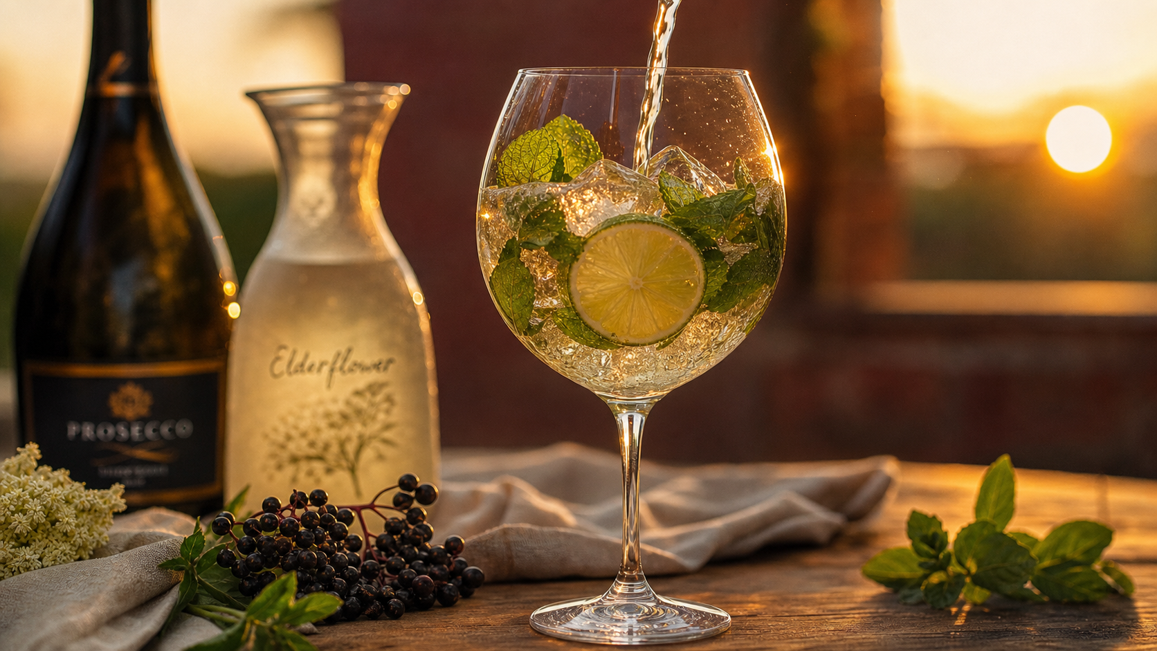 Hugo spritz recette : verre de Prosecco et fleur de sureau