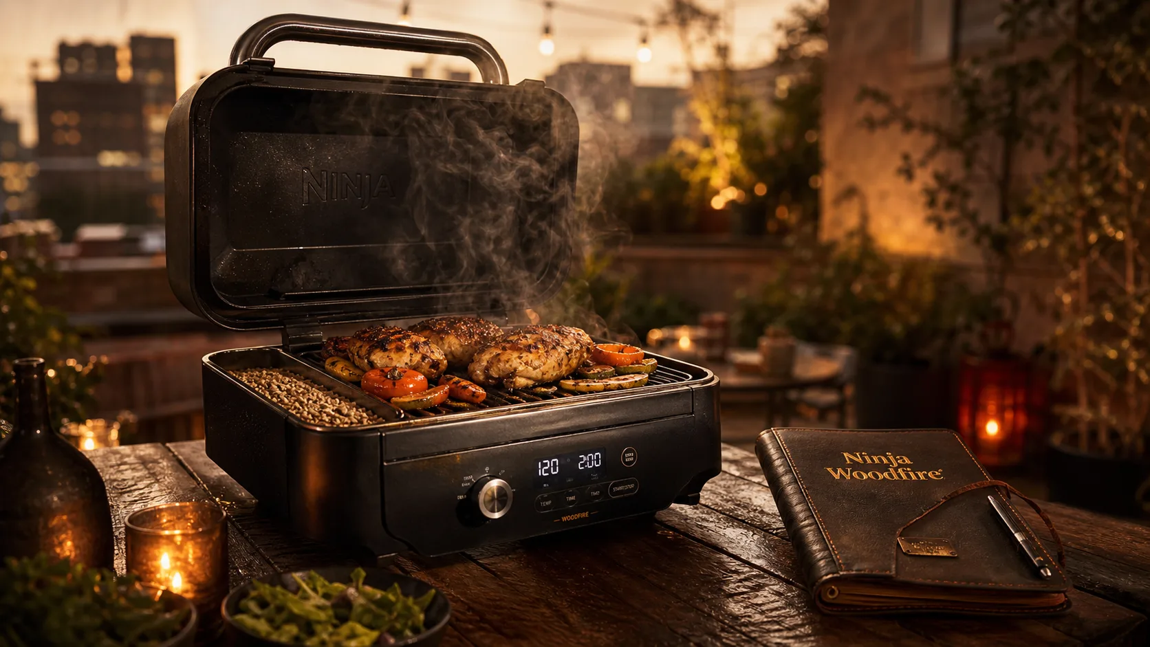 Ninja Woodfire avis : barbecue fumoir électrique compact sur terrasse, poulet et légumes rôtis