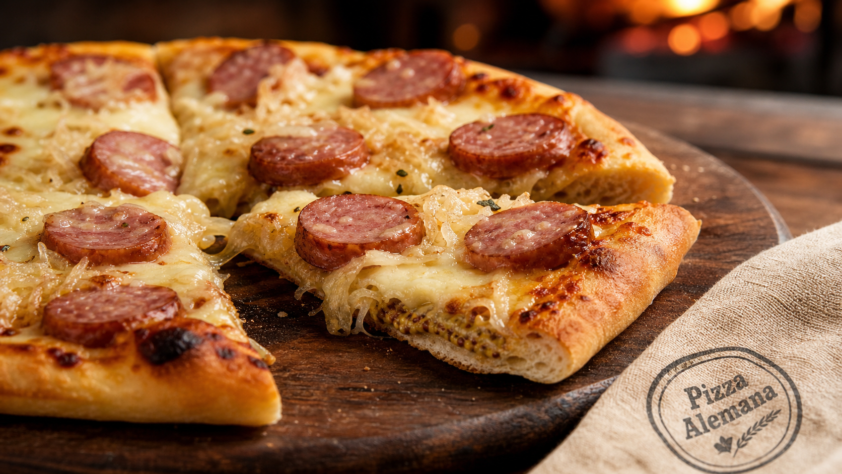 Pizza aleman allemande avec bratwurst et choucroute, pâte à 65 %