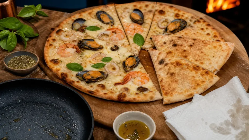 Recette pizza fruit de mer à 240°C, pizza aux fruits de mer dorée sur planche bois