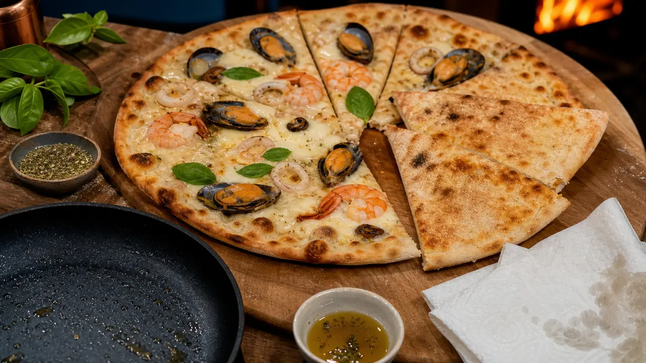 Pizza aux fruits de mer dorée sur une planche en bois avec basilic frais