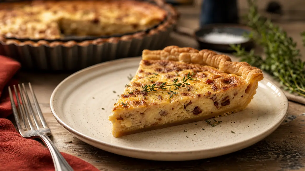 Recette quiche vegan : part bien nette et pâte dorée, vue rapprochée