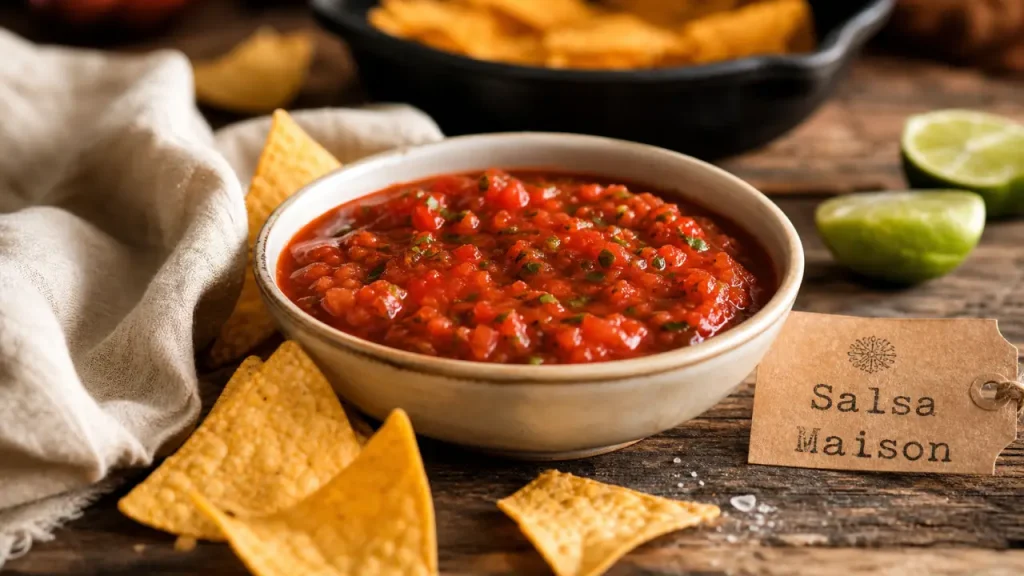 Recette sauce salsa maison piquante, bol de salsa rouge et nachos croustillants