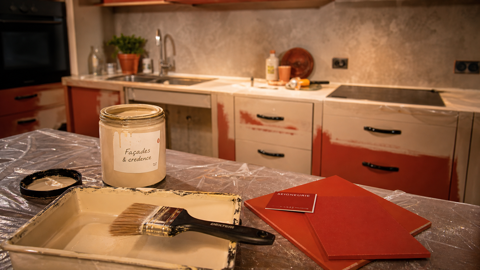 Rénover sa cuisine sans changer les meubles : façades repeintes, crédence effet béton ciré, plan de travail protégé