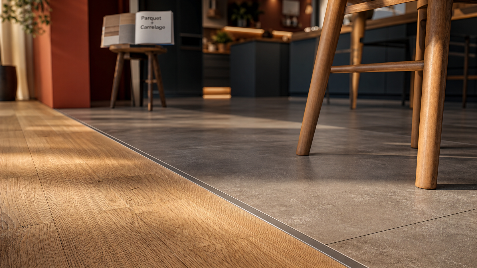 Salon parquet cuisine carrelage : jonction nette et transition