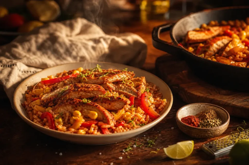 Tex mex poulet : assiette de poulet mariné et riz épicé
