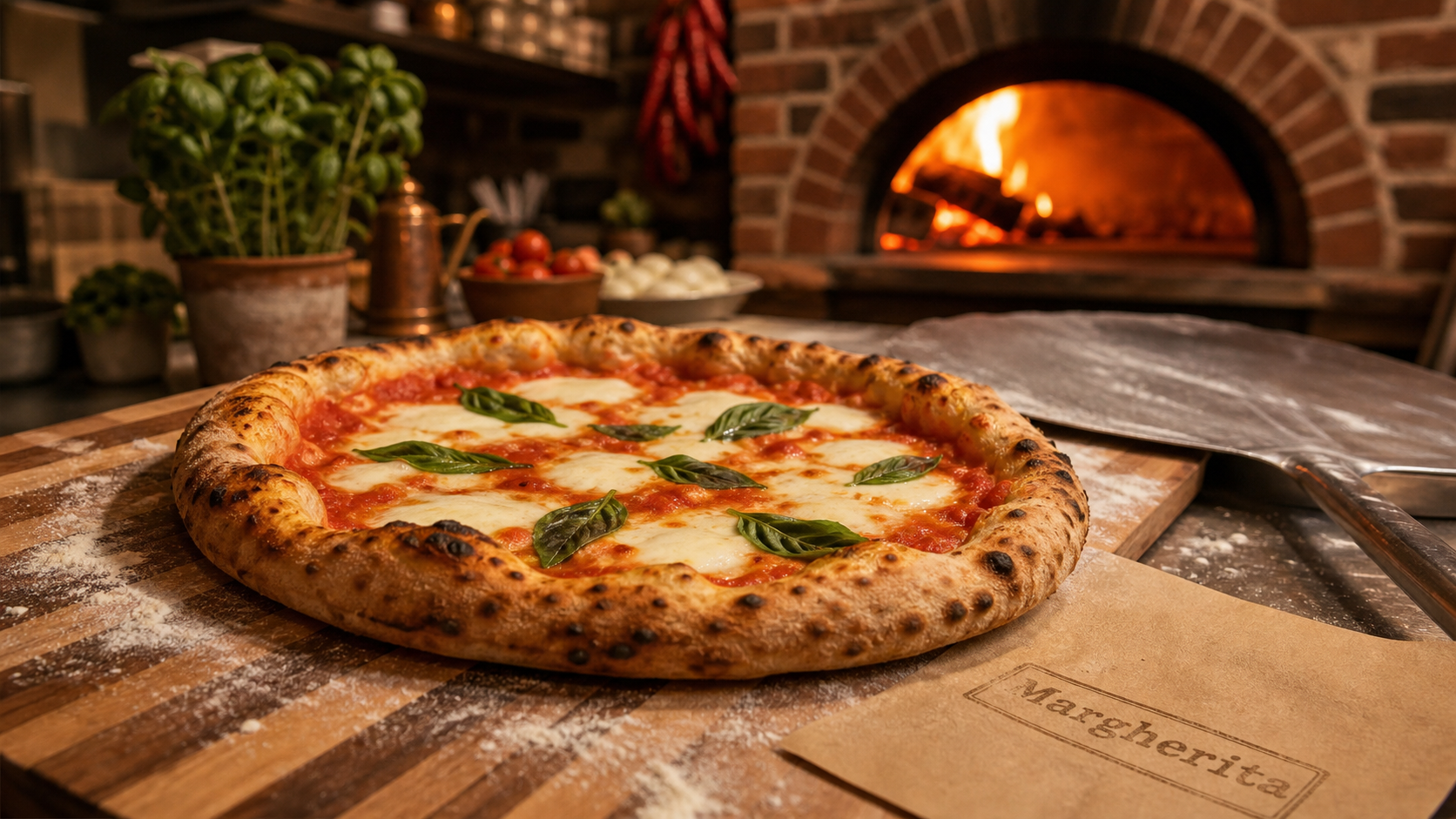Types de pizzas : pizza Margherita napolitaine, four à bois, basilic et mozzarella
