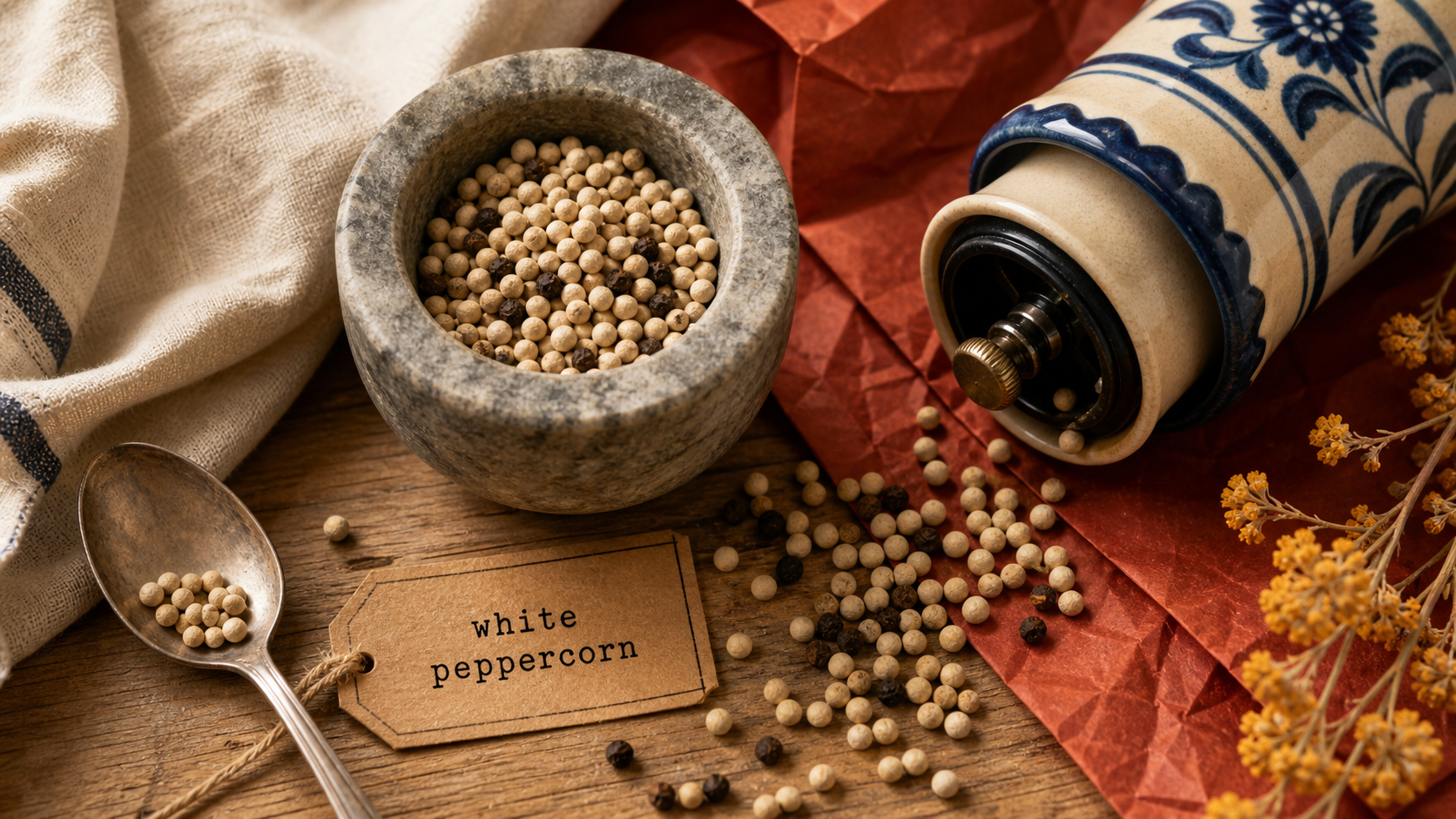 white peppercorn : grains de poivre blanc en macro sur table en bois clair