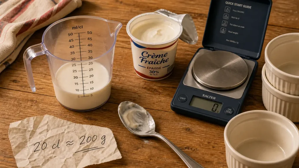 20 cl creme fraiche en g : 200 g environ, mesure de crème fraîche