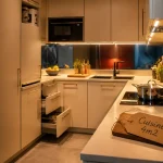 Amenagement petite cuisine 4m2 : petite cuisine en L, plan de travail dégagé, éclairage LED