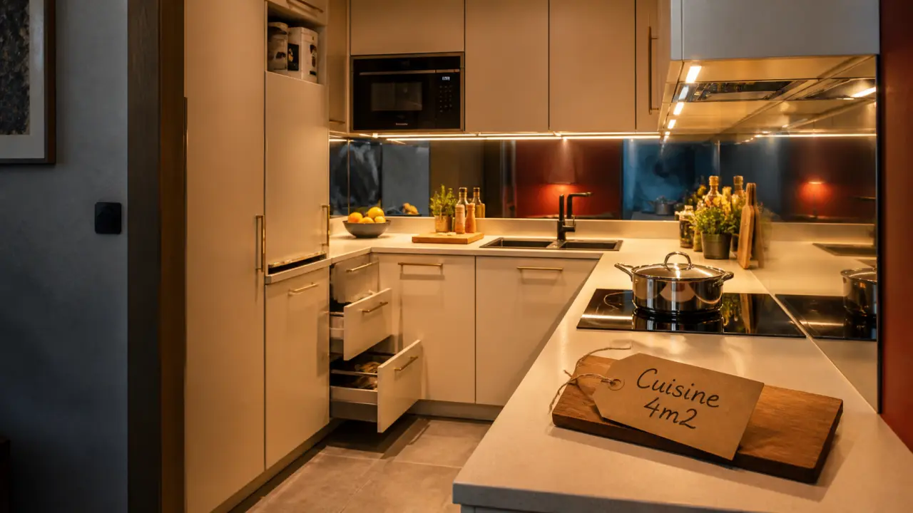 Amenagement petite cuisine 4m2 : petite cuisine en L, plan de travail dégagé, éclairage LED