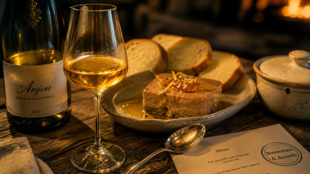 Bonnezeaux accord mets vins : verre et foie gras, fromages bleus, desserts fruités