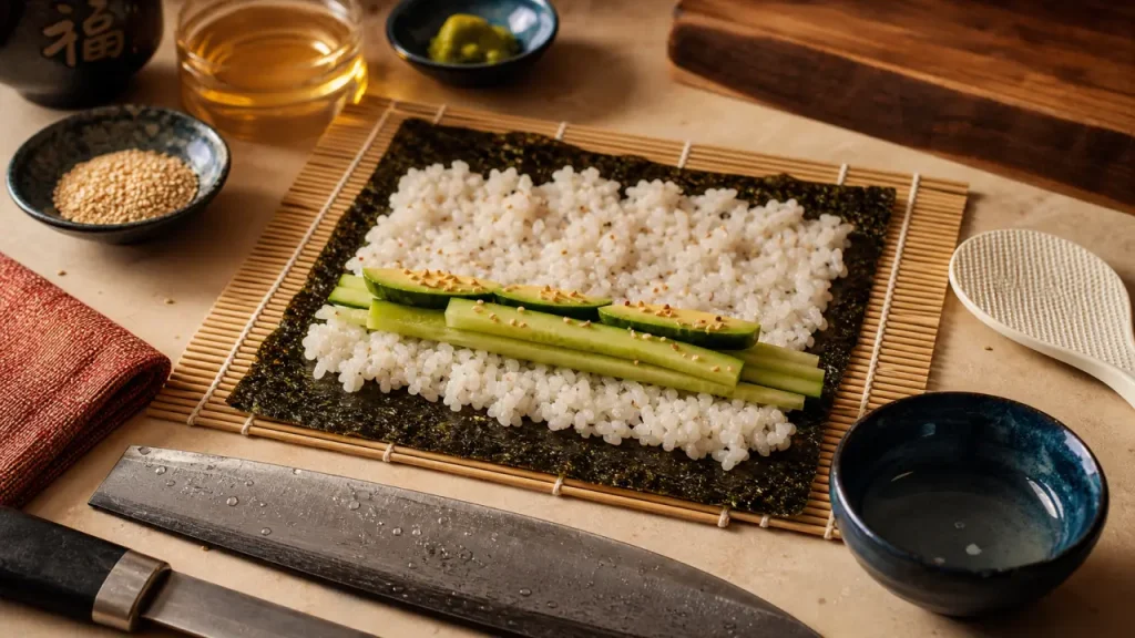 Comment faire des sushi : riz vinaigré, nori et roulage sur natte bambou