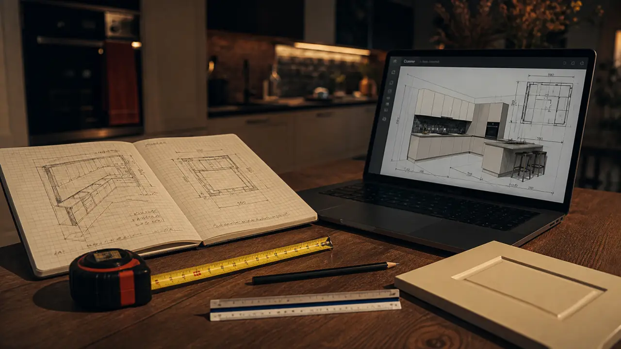 Conception cuisine avec logiciel 3D : mesures et plan sur ordinateur