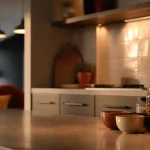 Cuisine couleur taupe moderne, contrastes noirs et lumière chaude ambrée