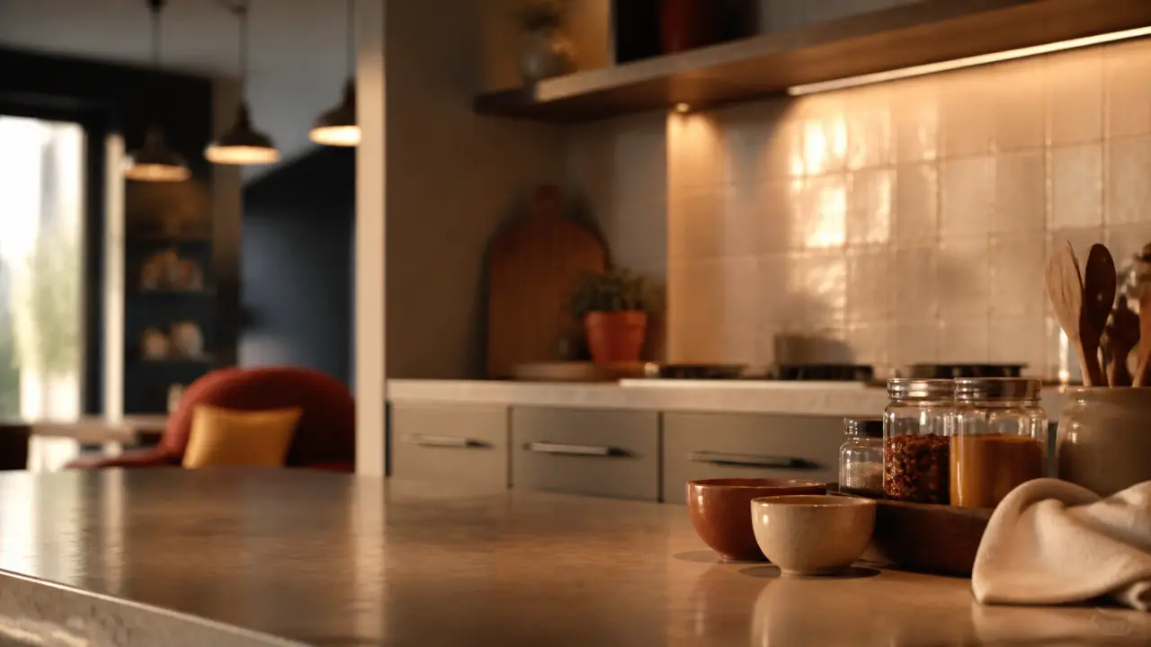 Cuisine couleur taupe moderne, contrastes noirs et lumière chaude ambrée