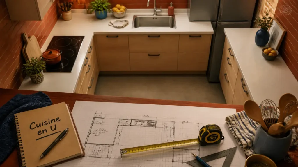 Cuisine en u plan avec passage 1,20 m, évier central