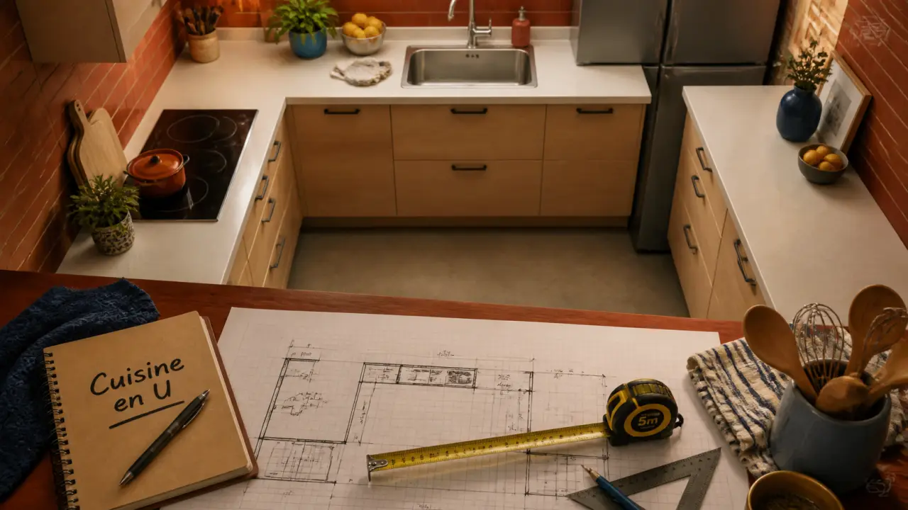 Cuisine en u plan avec passage 1,20 m, évier central