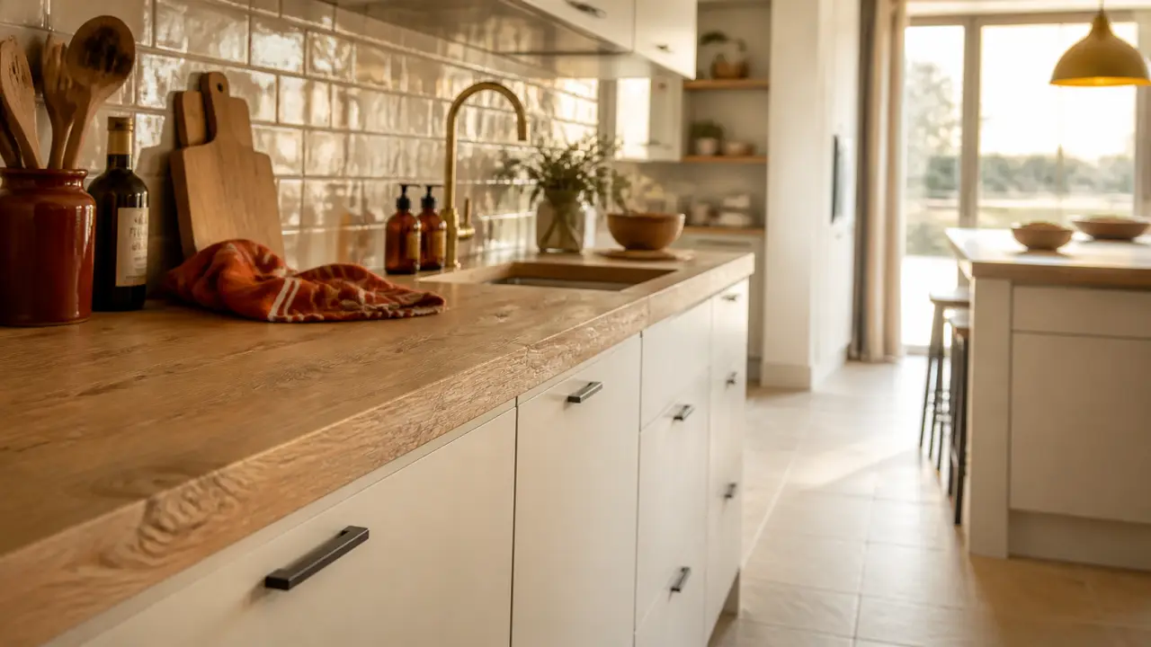 Cuisine équipée blanche plan de travail bois, lumineuse et chaleureuse