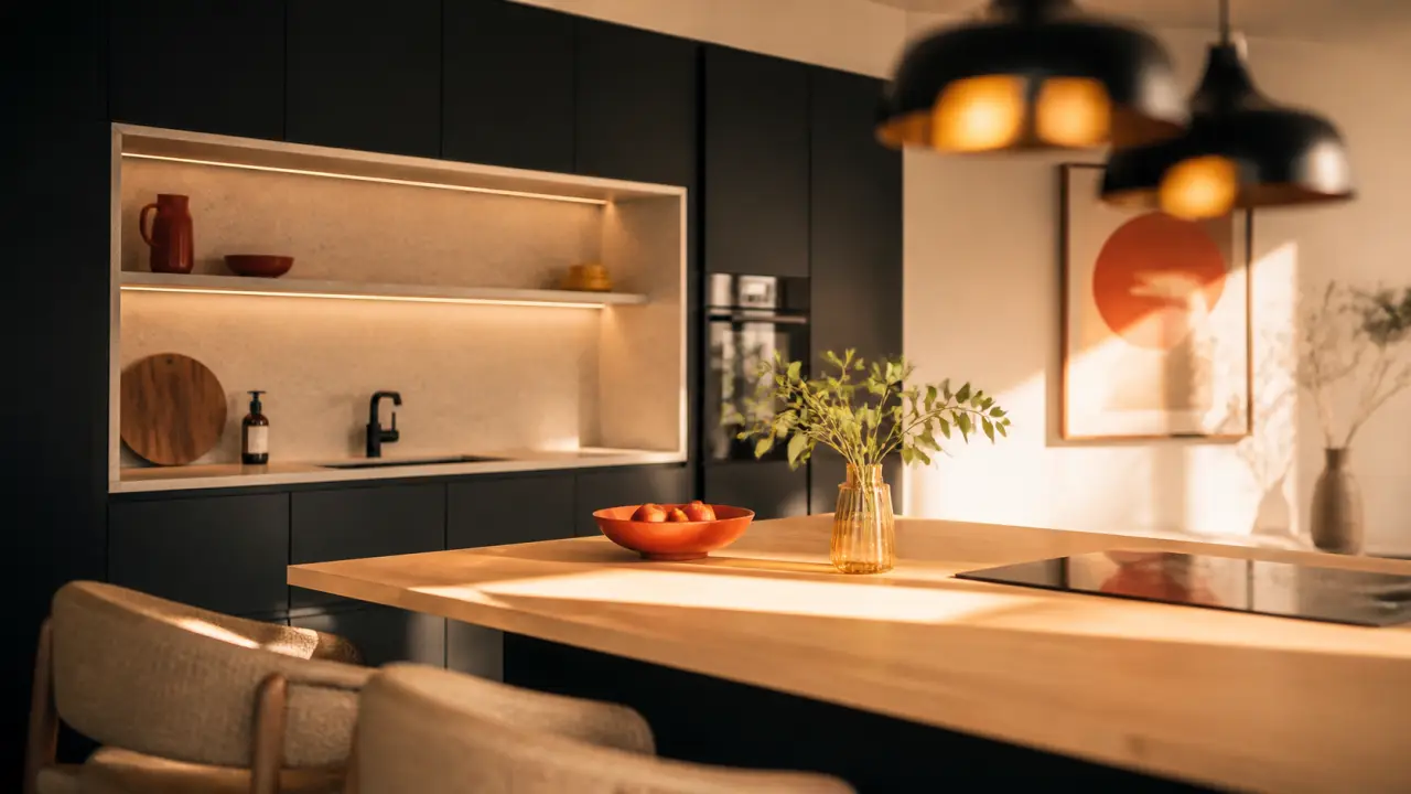 Cuisine noir et bois avec mur blanc cassé : chêne et lumière