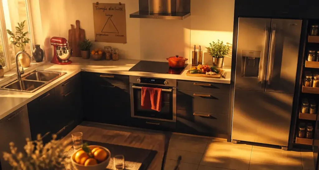 Cuisine pratique et fonctionnelle en L avec triangle d’activité et 60 cm de plan de travail