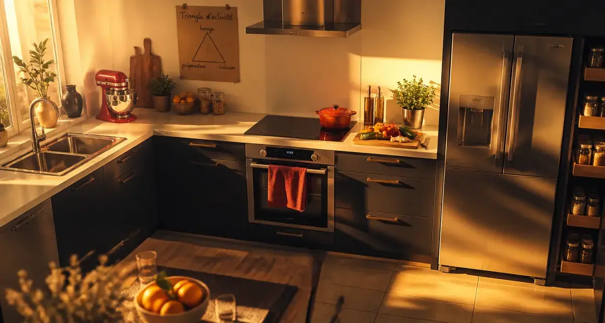 Cuisine pratique et fonctionnelle en L avec triangle d’activité et 60 cm de plan de travail