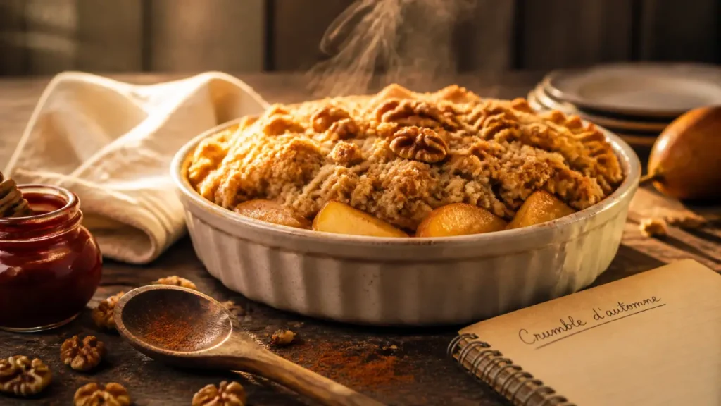 Dessert d automne : crumble pommes-poires tiède aux noix