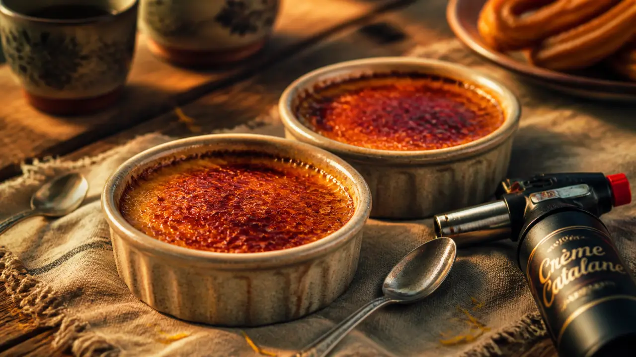 Dessert espagnoles : crème catalane caramélisée, churros en arrière-plan