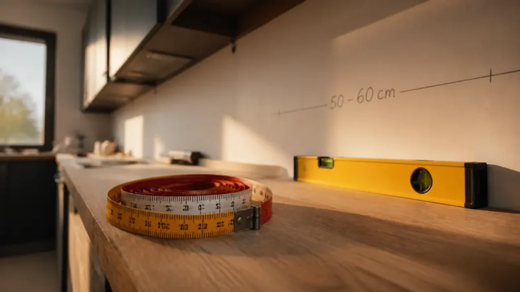 Distance entre plan de travail et meuble haut : 50–60 cm en cuisine