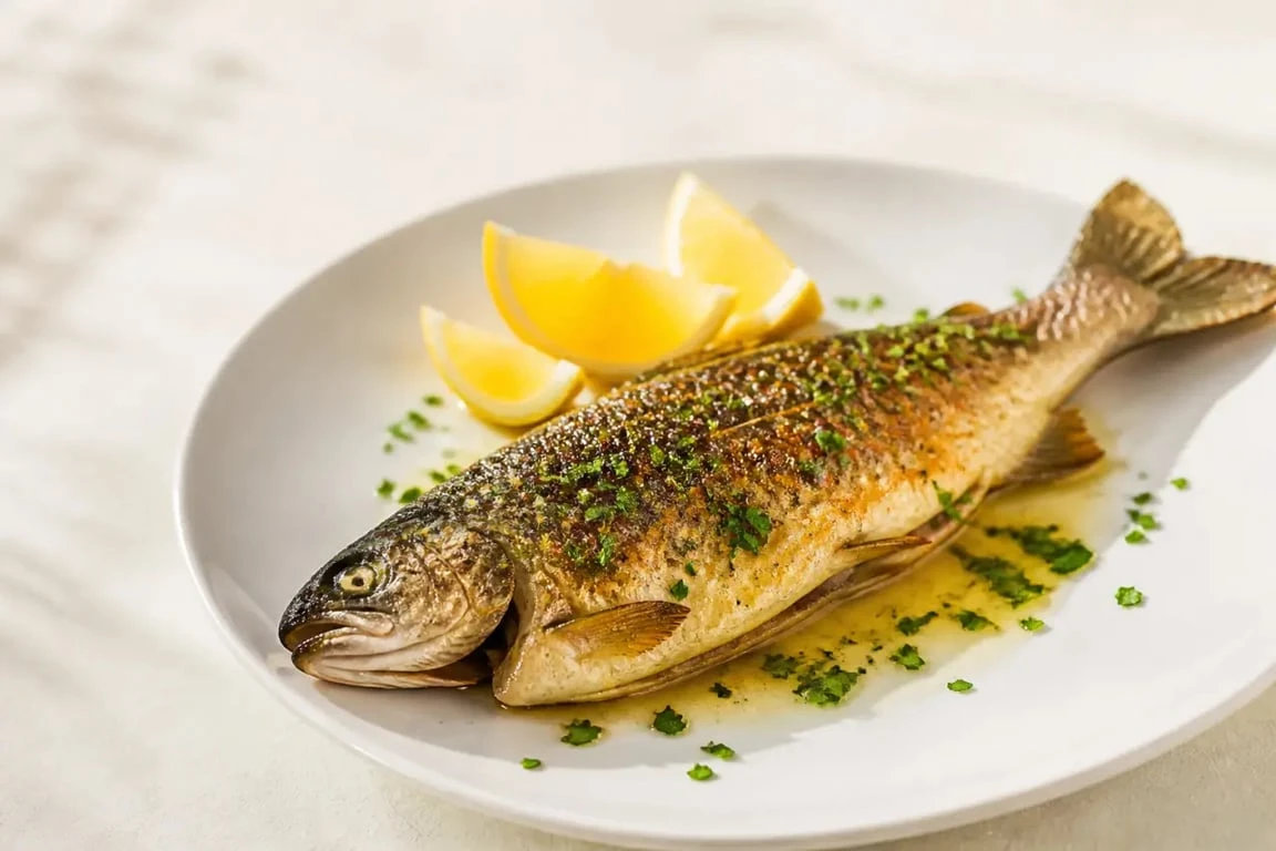 Cuisson truite poele : truite poêlée meunière dorée servie avec citron et persil