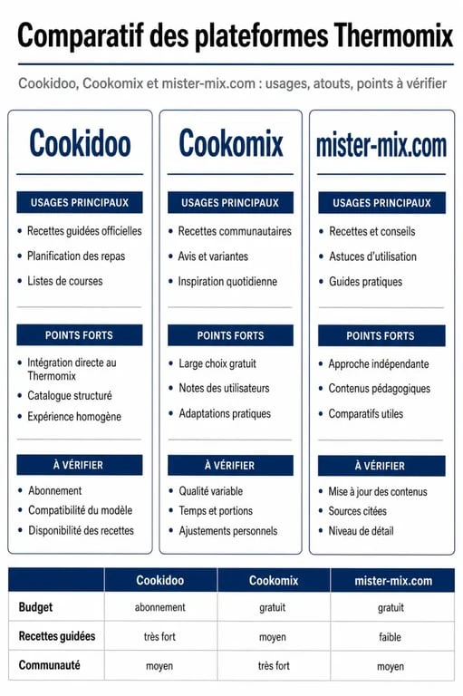 Comparatif des espaces recettes Thermomix entre Cookidoo, Cookomix et mister-mix.com