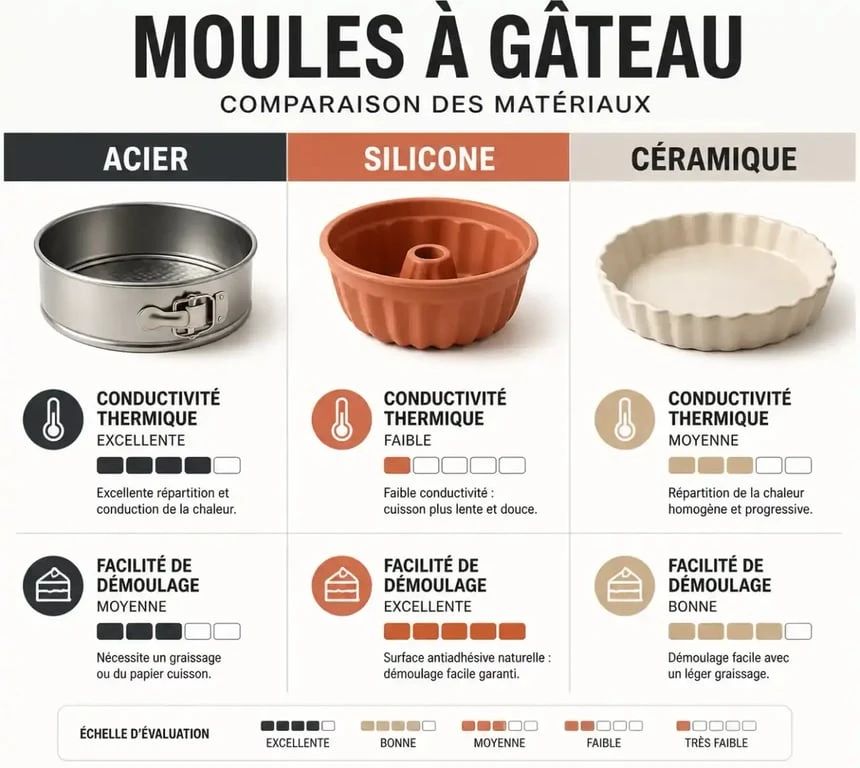Comparatif des matériaux de moule pour gâteau : acier, silicone et céramique
